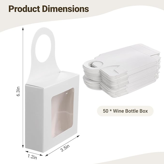 Tideme 50 PCS Wine Bottle Boxes, White Kraft Paper Wine Gift Boxes, Hanging Foldable Wine Bottle Box with Clear Window, Empty Wine Bottle Hanger Favor Box for Chocolates, Candies, Cookies