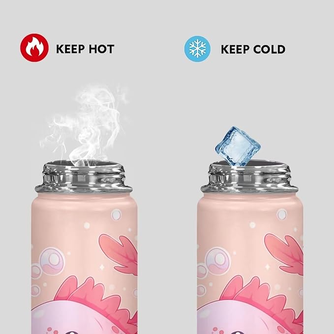 Pink Axolotl Stainless Steel Water Bottle with Handle 18 Oz Vacuum Stainless Steel Reusable Leak & Sweat Proof Gym Sports Travel Water Bottle