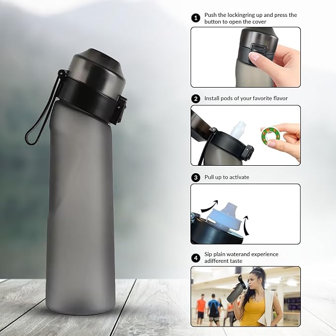 Matt Finish Water Bottle With 1 Flavor Pod | Include Straw and Strap | Silicone Leak-Proof Ring BPA Free, Air Water Bottle