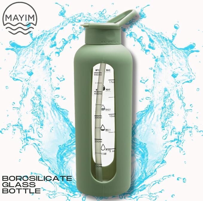 Mayim 24 Oz Glass Tumbler with Straw and Handle, Reusable Motivational Glass Water Bottle with Silicone Sleeve and Time Marker, Leak Proof Borosilicate Water Bottle -Sage