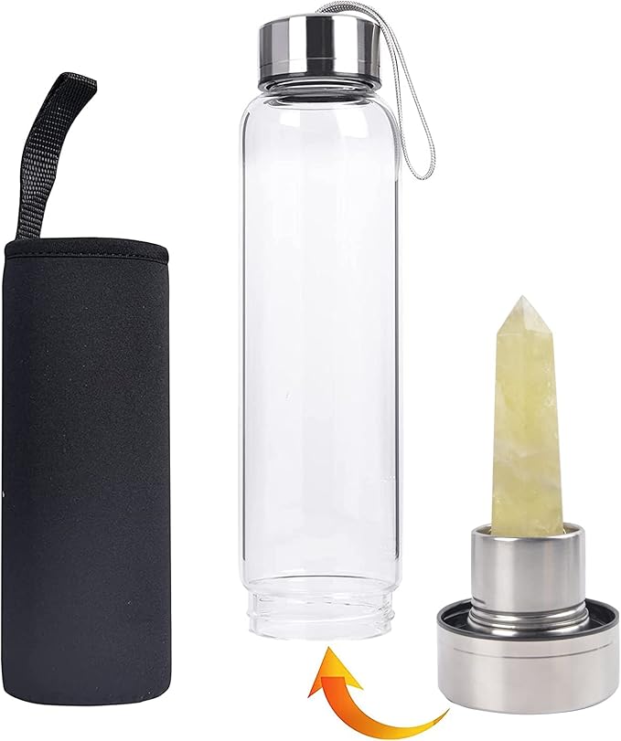 Crystal Glass Water Bottle Energy Quartz Gemstone Water Bottle with Changeable Natural Crystal Center for Healing and Wellness