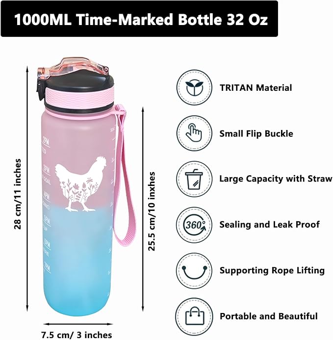 Floral Chicken Water Bottle with Straw, Carry Strap, LeakProof, Tritan BPA Free, 32 Oz Motivational Water Bottle with Time Marker to Ensure Drink Enough Water for Gym Fitness Outdoor