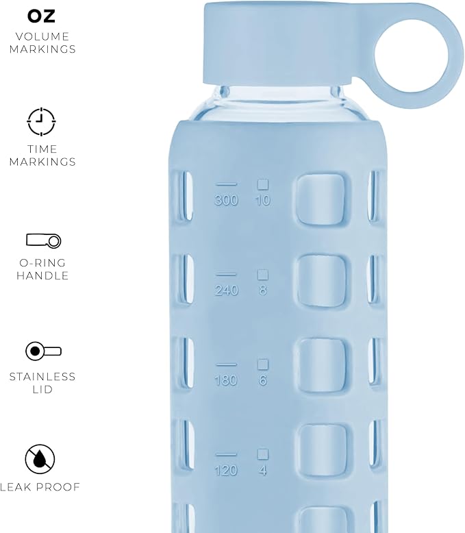 purifyou Premium 40/32 / 22/12 oz Glass Water Bottles with Volume & Times to Drink, Silicone Sleeve & Stainless Steel Lid Insert, Reusable Bottle for Fridge Water, Milk, Juice (12oz Ice Blue)