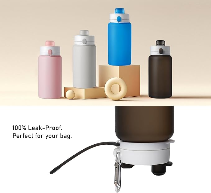 Opard Collapsible Water Bottles 19 Oz - BPA Free, Leak Proof, Foldable Silicone Collapse Bottle, Easy to Compact and Expandable, Travel Essentials Accessories