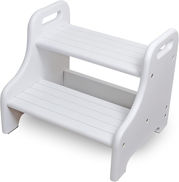 Wooden Step Stool for Kid Toddler, Potty Training for Children with 2 Built-in Handle 300lbs Load Capacity, Acacia Foot Stool Helps Your Kid Independently for Brushing, Grabbing Things (White)