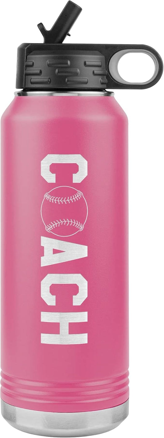 Baseball Coach Water Bottle - 32oz Insulated Engraved Stainless Steel Flip Top with Straw Baseball Coach Gift Pink