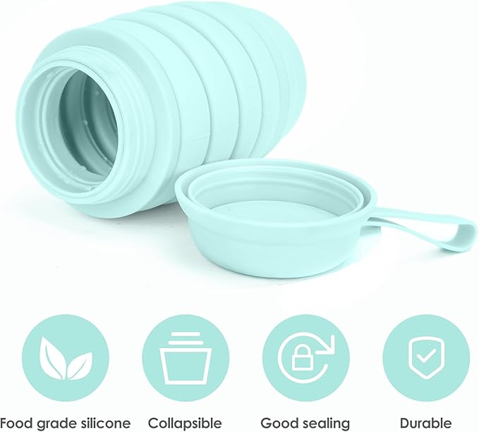 Collapsible Water Bottle, 16 oz. Reusable Water Bottle, Travel Water Bottle, Pill Storage, On the Go, Outdoors, Silicone Water Bottle, BPA Free, Vitamin Storage. (Cyan)