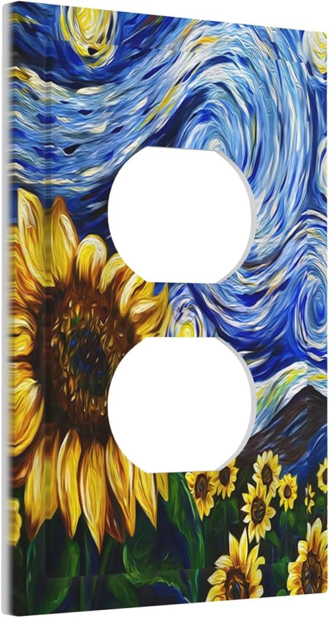 Vintage Abstract Blue Starry Sunflower Single Duplex Wall Plate Covers Light Switch Cover 1 Gang Outlet Plate Decorative Switchplate Covers Electrical Faceplate for Farmhouse Country Bedroom Decor