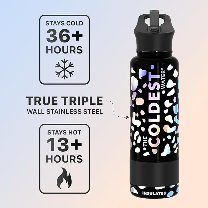 COLDEST Sports Water Bottle - 40 oz (Straw Lid), Leak Proof, Vacuum Insulated Stainless Steel, Hot Cold, Double Walled, Thermo Mug, Metal Canteen (40 oz, Moonlight Leopard Glitter)