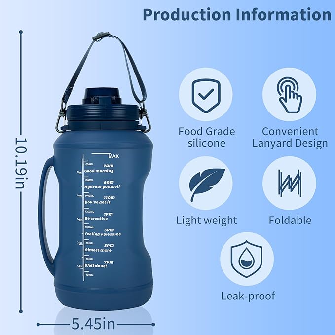 Collapsible 64oz Water Bottle with Handle & Straw - Spill-Proof Foldable Silicone Bottle for Men/Women (Blue, 2L)