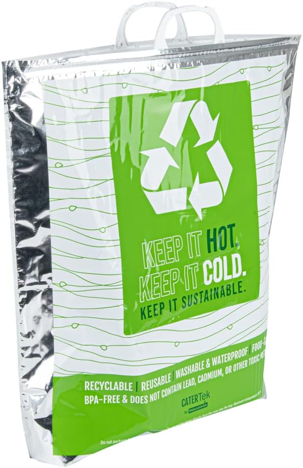 Restaurantware Cater Tek 20.1 x 7.1 x 20.1 Inch Hot And Cold Bags 10 Triple Layer Insulated Bags - Snap Lock Handles Waterproof Green & Silver Plastic Thermal Lunch Bags For Frozen & Hot Items