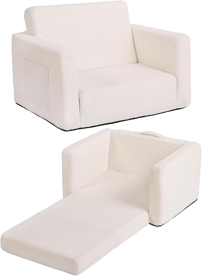 Tiita Kids Sofa, 2-in-1 Kids Sofa Chair, Convertible Children Couch to Lounger, Flip Out Kids Sofa Chair, Toddler Armrest Chair Bed, Folding Kids Play Sofa for Girl or Boy (Beige)