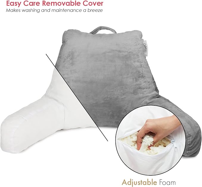 Nestl Reading Pillow Standard Bed Pillow, Back Pillow for Sitting in Bed Shredded Memory Foam Chair Pillow, Reading & Bed Rest Pillows Grey Back Pillow for Bed, Bed Chair Arm Pillow with Pockets