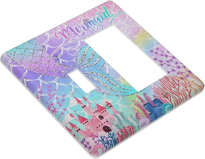 Silvery Glitter Cute Mermaid Tail Fantasy Castle 2 Gang Single Toggle Rocker Combination Light Switch Covers Wall Plate Cover Electrical Faceplate Decorative Switchplate for Kidroom Nursery Bedroom