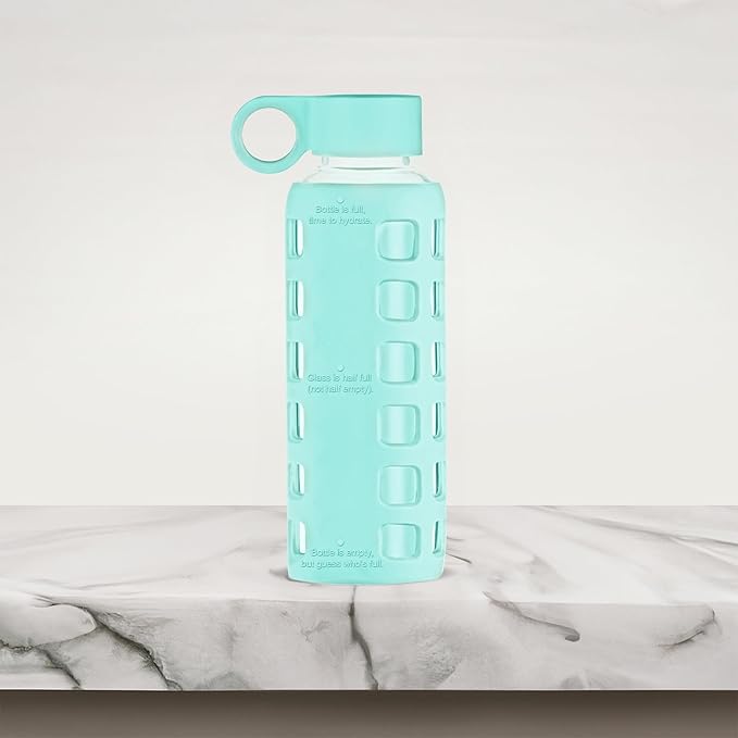 purifyou Premium 40/32 / 22/12 oz Reusable Glass Water Bottles with Time and Volume Markings, Non-Slip Silicone Sleeve & Stainless Steel Lid Insert, for Water, Milk, Juice (12oz Glow in the Dark)