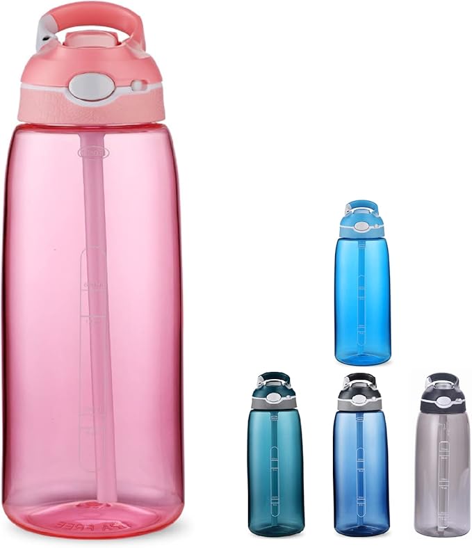 Sports Water Bottle 35 OZ, Gym Leak Proof Wide Mouth Straw Water Bottles Pink BPA-Free Plastic Water Bottle Odorless Light Portable Easy Clean Water Bottles For Adults Man Woman