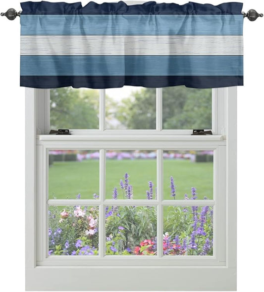 Farmhouse Kitchen Curtains Valances for Windows ,Navy Sky Blue White Rod Pocket Country Window Treatment for Kitchen /Living Room/Bedroom/ Bathroom,42" X 12" -1 Panel, Retro Rustic Barn Wood Texture
