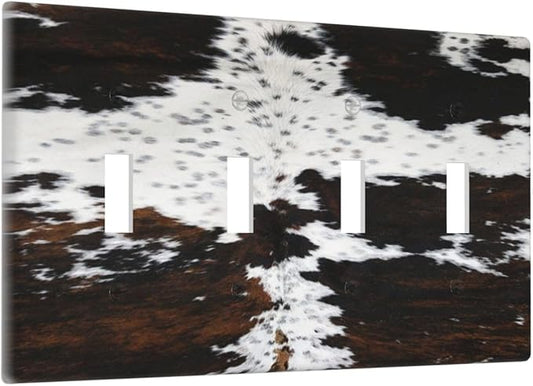 Western Farm Highland Cow Cowhide Quad Toggle Light Switch Cover Decorative 4 Gang Wall Plate Electrical Faceplate Switchplate for Farmhouse Bathroom Bedroom Living Room Decor