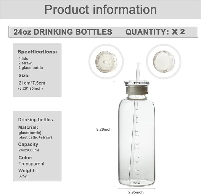 Glass water bottle With Time Marker -24oz with 2 caps and straw,Reusable Glass Drinking Bottles，Suitable For Drinks, Juices, Sodas, Coke, As Gifts Etc (24oz*2pcs)