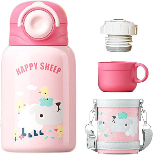 Kawaii Insulated Water Bottle, 15 oz Reusable Travel Bottle with Sleeve and Straw,Cute Water Bottle for Travel Sports Camping and Kids Girl Gifts (PINK)