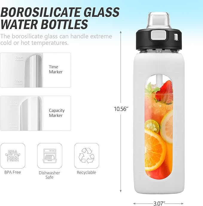 Kodrine Water Bottle With Straw and Carry Handle, Glass Water Bottle 24 oz Leak Proof Locking Lid with Soft Silicone Spout, Small Clear Water Bottle, Travel Sports Water Jug, Time Marker, White