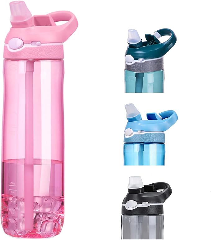 SHELFLOVER Pink Water Bottle With Narrow Straw, BPA FREE Clear Bottles With Handle One Hand Use Easy Carried, Flip Up, Suit School, Office, Gym, Office For Women 24oz (750ml)
