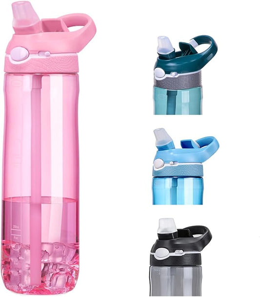SHELFLOVER Pink Water Bottle With Narrow Straw, BPA FREE Clear Bottles With Handle One Hand Use Easy Carried, Flip Up, Suit School, Office, Gym, Office For Women 24oz (750ml)