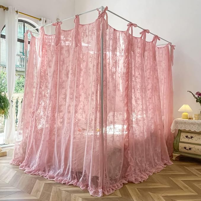Mengersi Canopy Bed Curtains with Tie Backs,Princess Bed Canopy Curtains Bed Drapes Sheer Curtains for Bedroom Decor（Queen,Pink