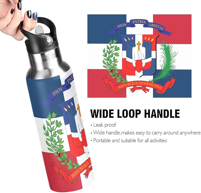 Dominican Republic Flag Sports Water Bottle, Double Wall Vacuum Insulated Stainless Steel Water Bottle with Straw Keeps Hot and Cold, Bike Running Sports Travel Gym 20oz