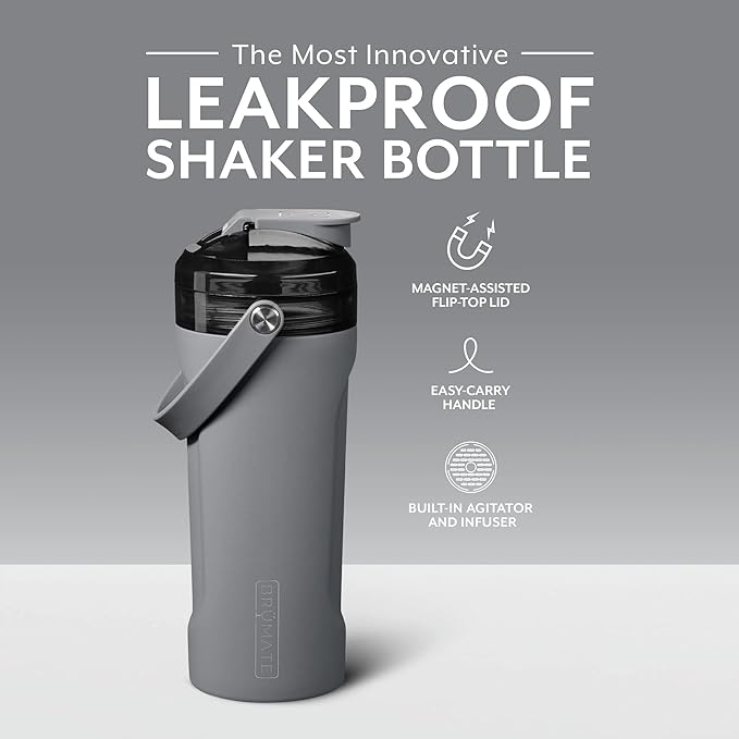 BrüMate MultiShaker Blender Shaker Bottle | 100% Leakproof Insulated Stainless Steel Shaker Bottle | Protein Shaker Bottle, and Pre Workout Bottle for the Gym | 26oz (Matte Gray)