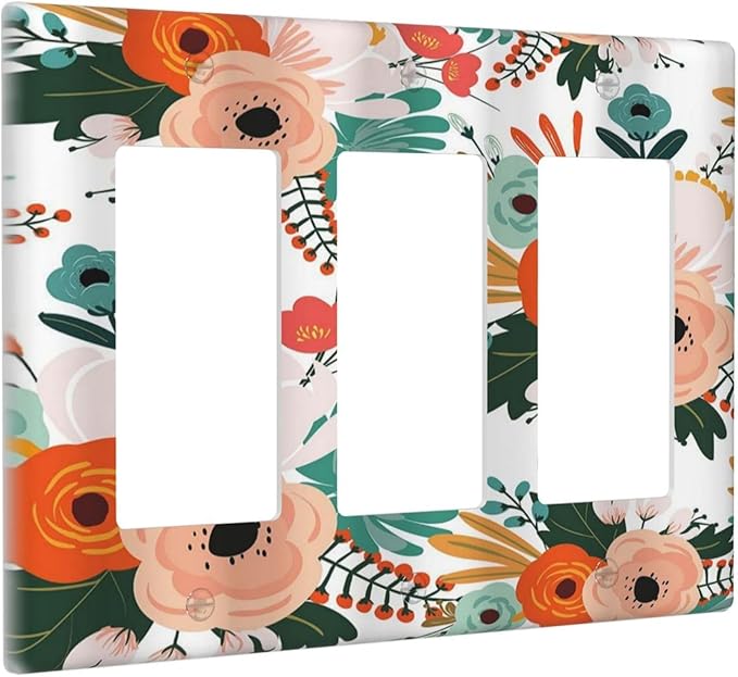 Rustic Floral Boho Colorful Flower 3 Gang Rocker Light Switch Covers Triple Outlet Wall Plate Decorative Switchplate Cover Faceplate GFCI for Farmhouse Bathroom Bedroom Kitchen Decor