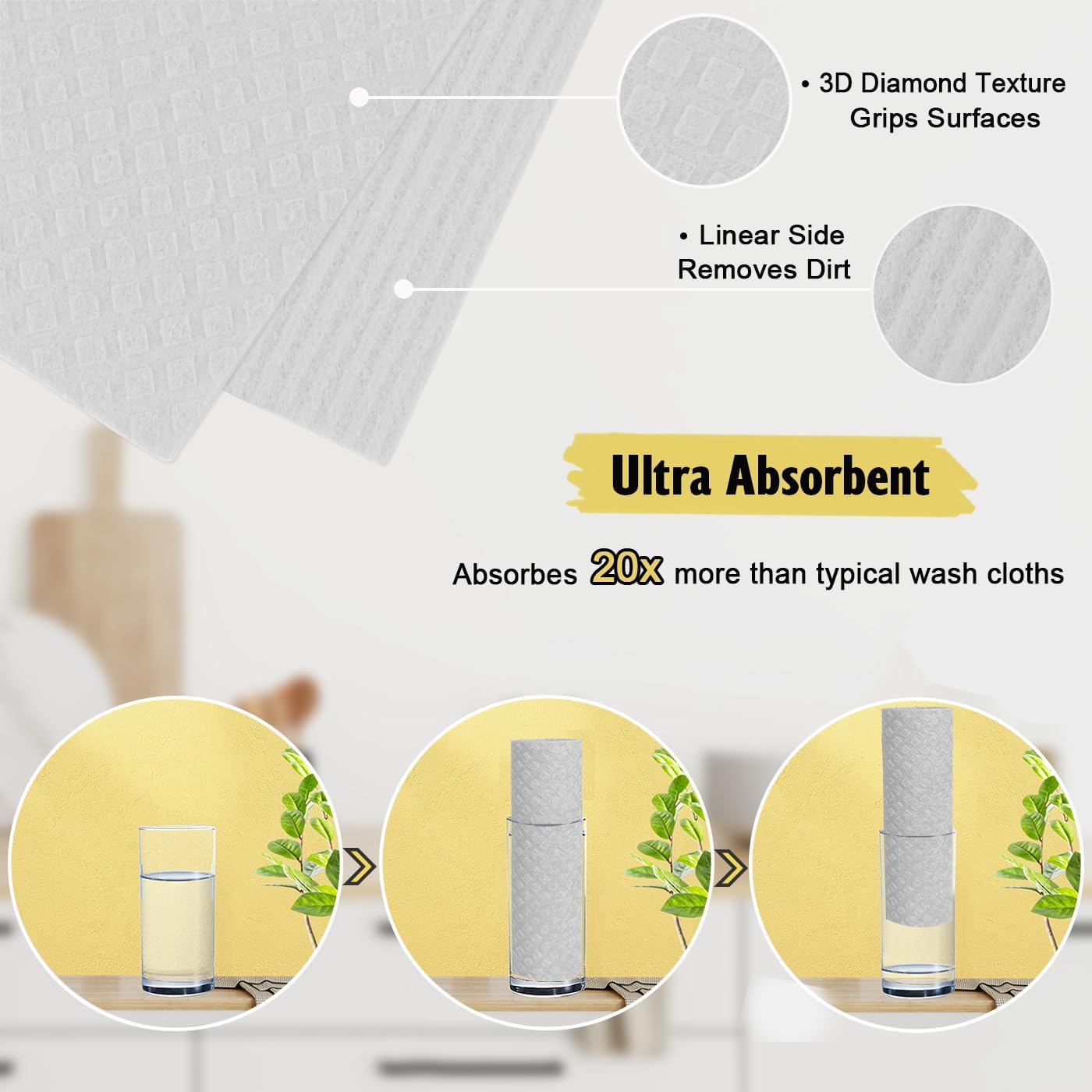 Swedish Dishcloths for Kitchen | 10 Pack Absorbent Cellulose Sponge Cloths Washable | Non-Scratch Reusable Paper Towels Quick Drying Cleaning Rag - White