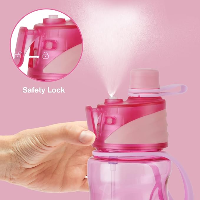 FEIJIAN Mist Water Bottle,22oz Sports Water Bottle with 2-IN-1 Mist & Sip Function, BPA-Free Plastic Water Bottles, Misting Water Bottle, Leakproof & Lightweight, Ideal for Fitness and Outdoor, Pink
