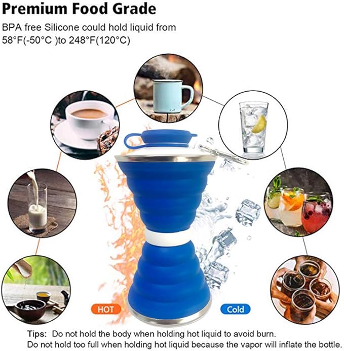 Collapsible Water Bottle, Camping Cup With Carabiner, Reuseable Silicone Foldable Leak Proof Portable Sports Travel Water Bottles For Outdoor, Travel Gym Hiking, BPA Free, Cycling Cups with Carabiner