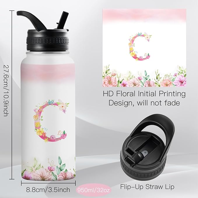 Personalized 32oz Water Bottle with Straw Customized Initial Letter Sport Bottles Monogrammed Initial Insulated Bottle Coffee Mug for Travel (C)
