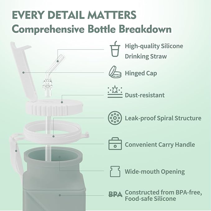 20 oz Water Bottle Collapsible | BPA Free Leakproof Lightweight Foldable Silicon Water Bottles | Twistable Water Cup | for Travel Gym Hiking Outdoor Camping Running Cycling Sports (Green)