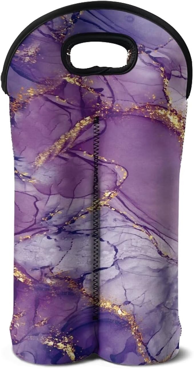 doginthehole Purple Marble Wine Bottle Bags for 2 Wine Bottles, Water Bottle Holder Neoprene Wine Carrier Tote Bag with Handle for Wedding, Birthday, and Dinner Party Festival Favors