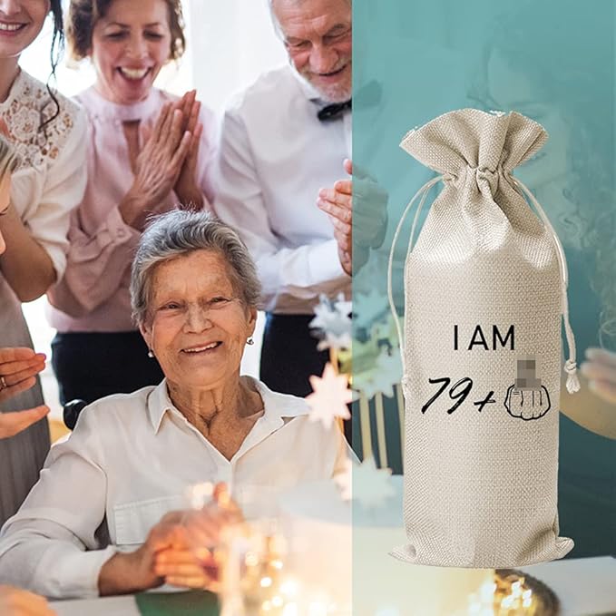 79 + 1 Middle Finger 80th Birthday Gift Wine Bags, Personalized Bday Gift Ideas for Men Women, 80th Birthday Party Decorations, Cotton Burlap Drawstring Wine Bag, Funny Gifts for Mom Dad Friends