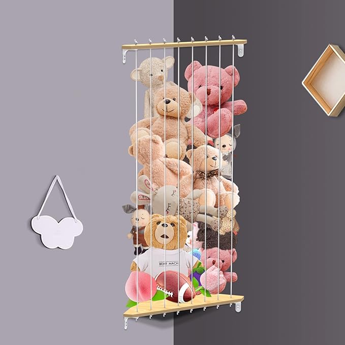 Stuffed Animal Storage Wood Corner Plush Toys Holder, Length Adjustable Hanging Stuffed Animal Toy Organizer Shelf for Nursery Kid Room Play Room Bedroom