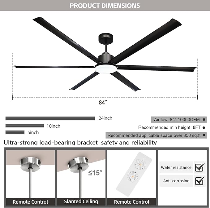 GESUM 84 Inch Ceiling Fans with Light, Industrial Ceiling Fan with 6 Aluminum Blades, Reversible, 6-Speeds, Large Ceiling Fan for Porch/Garage/Shop (Black)