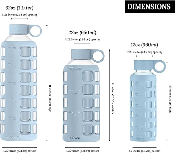 purifyou Premium 40/32 / 22/12 oz Glass Water Bottles with Volume & Times to Drink, Silicone Sleeve & Stainless Steel Lid Insert, Reusable Bottle for Fridge Water, Milk, Juice (32oz Ice Blue)