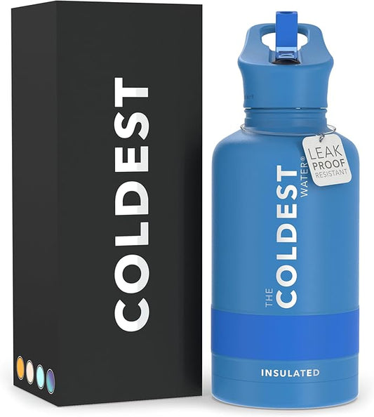 COLDEST Sports Water Bottle - 64 oz (Straw Lid), Leak Proof, Vacuum Insulated Stainless Steel, Hot Cold, Double Walled, Thermo Mug, Metal Canteen (64 oz, Sailor Blue)