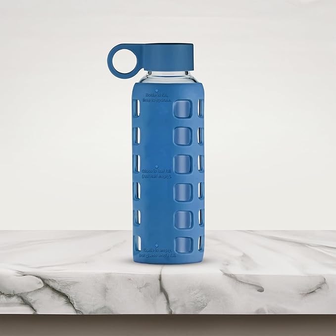 purifyou Premium 40/32 / 22/12 oz Glass Water Bottles with Volume & Times to Drink, Silicone Sleeve & Stainless Steel Lid Insert, Reusable Bottle for Fridge Water, Juice (12oz Chinese Porcelain)