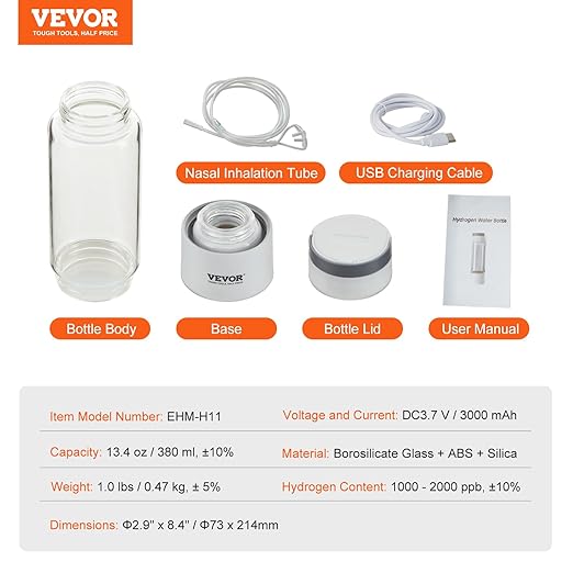 VEVOR Hydrogen Water Bottle, Hydrogen Water Bottle Generator up to 2000 ppb, 380ml Portable Hydrogen Water Machine, SPE Technology hydrogen water generator with Nasal Inhalation Tube and Self-Cleaning