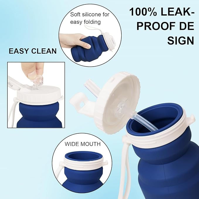 Collapsible Water Bottles 20.7oz Leakproof with Straw Lid Food-Grade BPA-Free Silicone Travel Foldable Water Bottles for Sports Office Gym Hiking Driving 610ML (navy blue little 320ml)