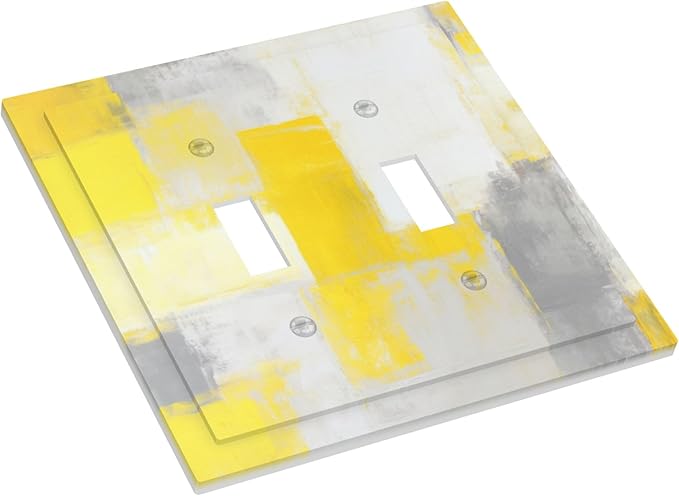 Grey and Yellow Abstract Art Painting Double Toggle Light Switch Covers 2 Gang Wall Plate Dual Decorative Switchplate Electrical Faceplate for Bathroom Country Kitchen Bedroom Decor, 4.9" x 5"