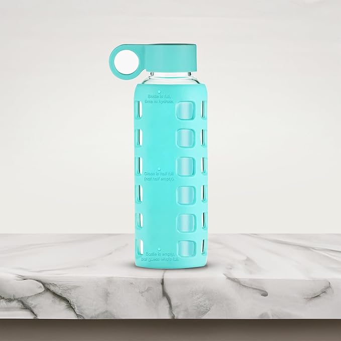 purifyou Premium 40/32 / 22/12 oz Glass Water Bottles with Volume & Times to Drink, Silicone Sleeve & Stainless Steel Lid Insert, Reusable Bottle for Fridge Water, Milk, Juice (12oz Aqua Blue)