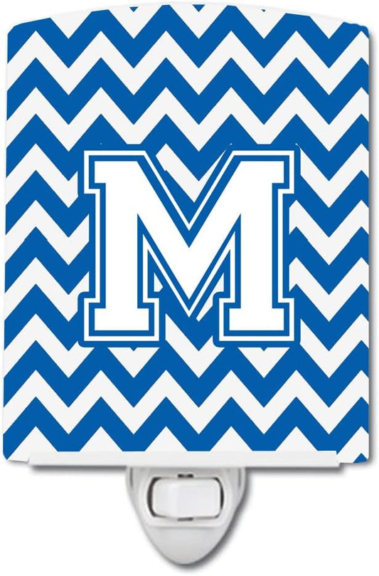 Caroline's Treasures CJ1045-MCNL Letter M Chevron Blue and White Ceramic Night Light Compact, UL-Certified, Ideal for Bedroom, Bathroom, Nursery, Hallway, Kitchen, 6x4x3, Multicolor