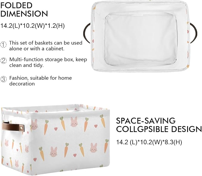 Carrots Rabbits Animal Pattern Storage Bin Collapsible Rectangular Storage Basket Large Fabric Storage Boxes Organizer 1PC with Leather Handles for Clothes Toys Books Kitchen Laundry