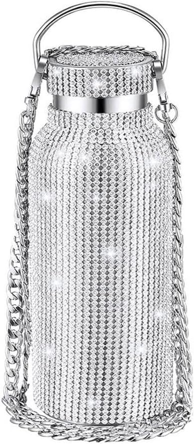 Bling Water Bottle Rhinestone Diamond Water Bottle Stainless Steel Glitter Insulated Bottle Vacuum Flask Refillable Insulated Glitter Bottle with Chain for Women Girls
